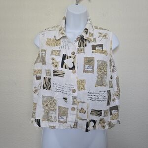 Vintage 90s Garron Button Down Linen Blend Tan White Sleeveless Shirt Size Small
